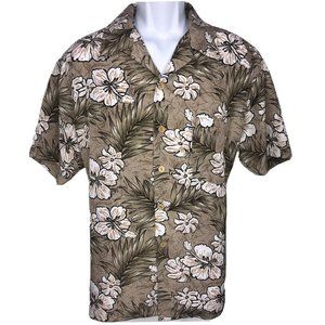 Round Bay Men's Hawaiian Tan White Black Floral Short Slv Button Shirt Large  L